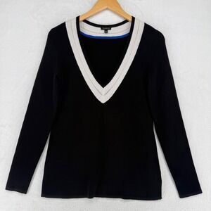 Talbots Black V-Neck Sweater Womens Size S Chevron Trim Long Sleeve Preppy EUC